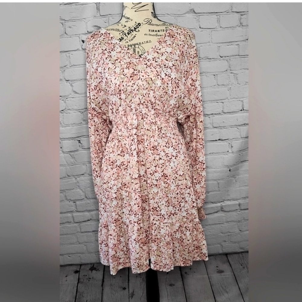 Japna Floral Pink Long Sleeve Mini Dress - Size Small